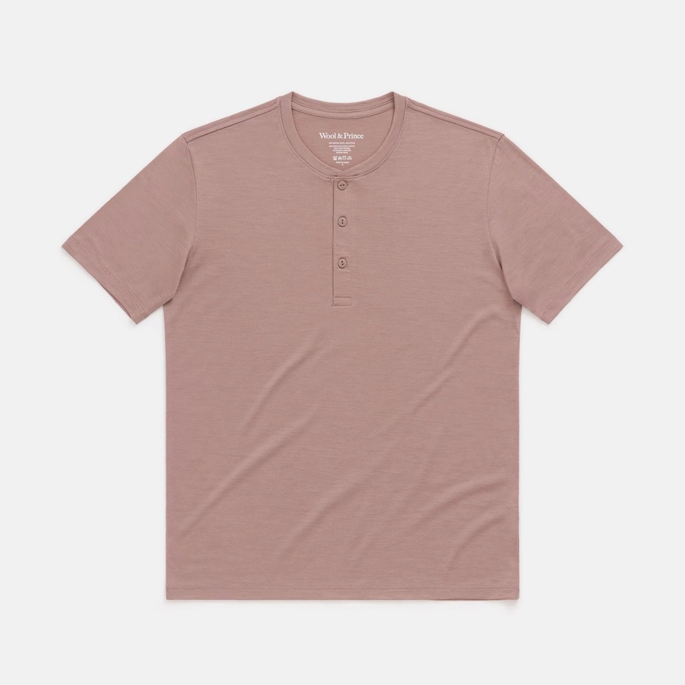 Wool & Prince Henley Shirt Mens Large Mauve Brown Merino Wool Short Sleeve $88